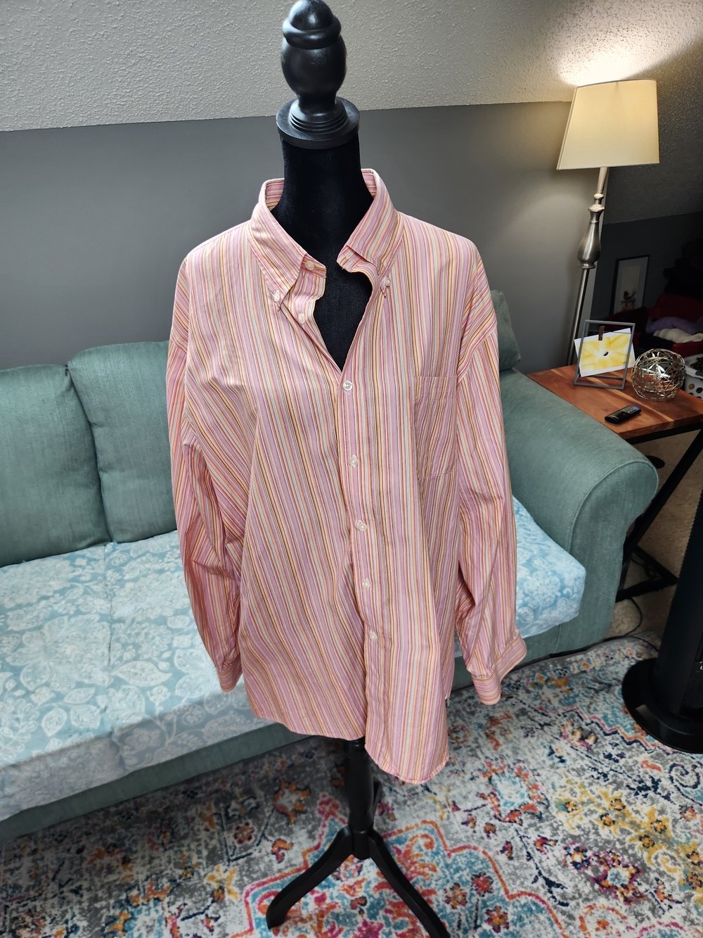 Lands End Pink Multi-Stripe Button-Down Shirt XL Preppy!